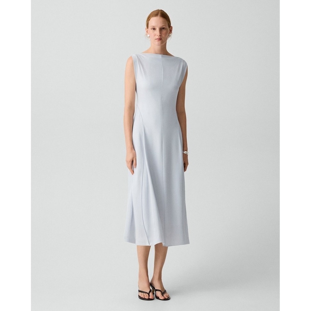 Theory Draped Midi Dress Washed Twill Pastel Grey Size 0 $475 Q0209618